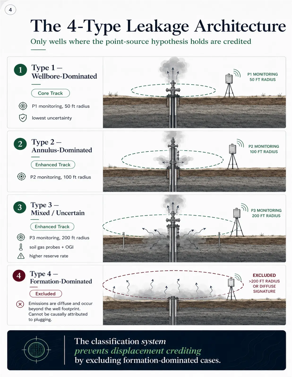 Diagram of four leakage architectures at a wellbore.