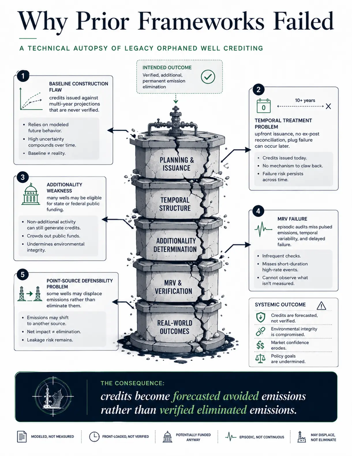 Analysis of weaknesses in prior methane crediting frameworks.